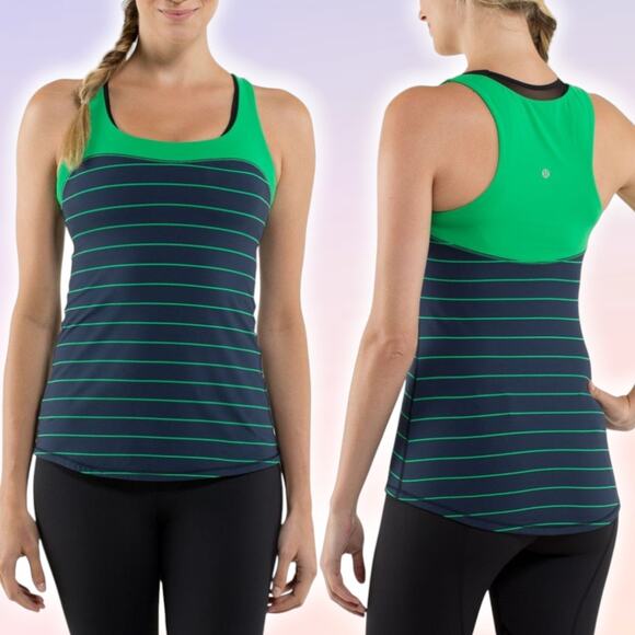 LULULEMON  Run: First Base Tank Size 4 Slalom Stripe Inkwell / Green Bean - Picture 1 of 8